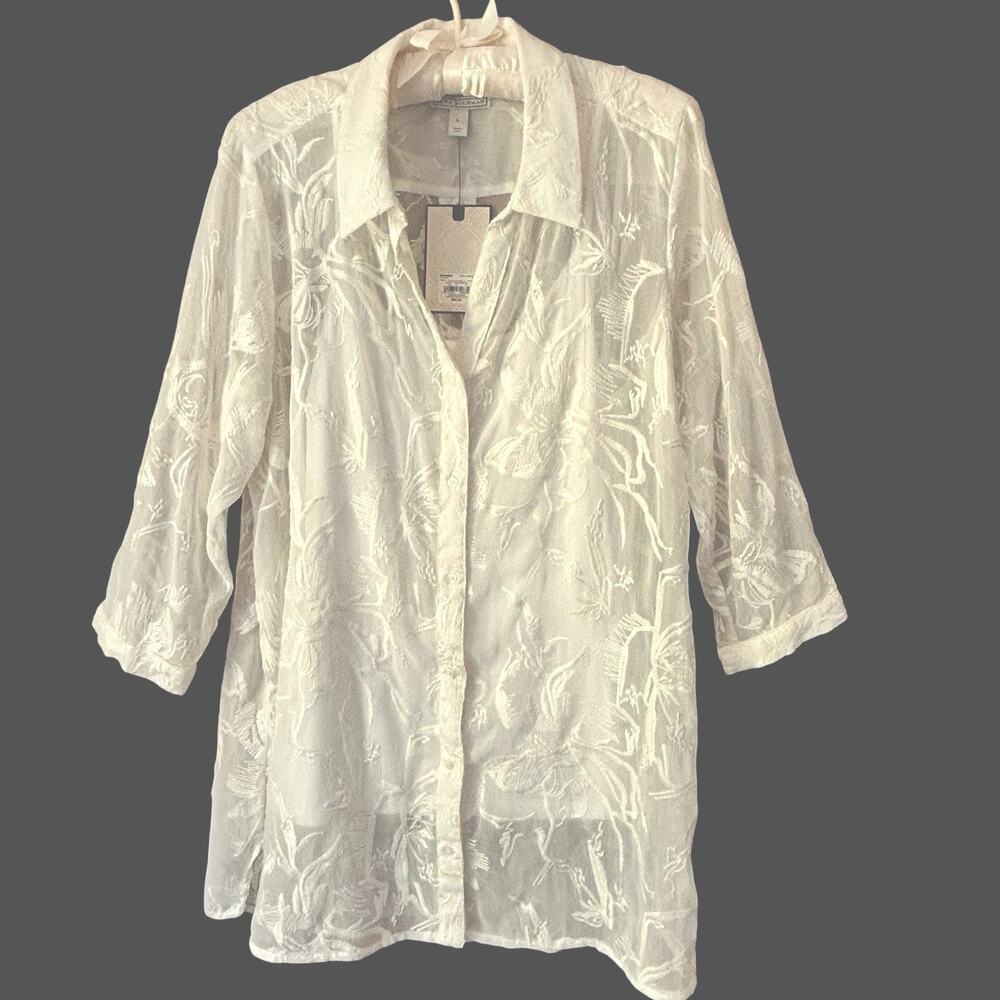 Dana Buchman Women’s Ivory Button Up 3/4 Sleeve Embroidered Shirt Blouse L NWT